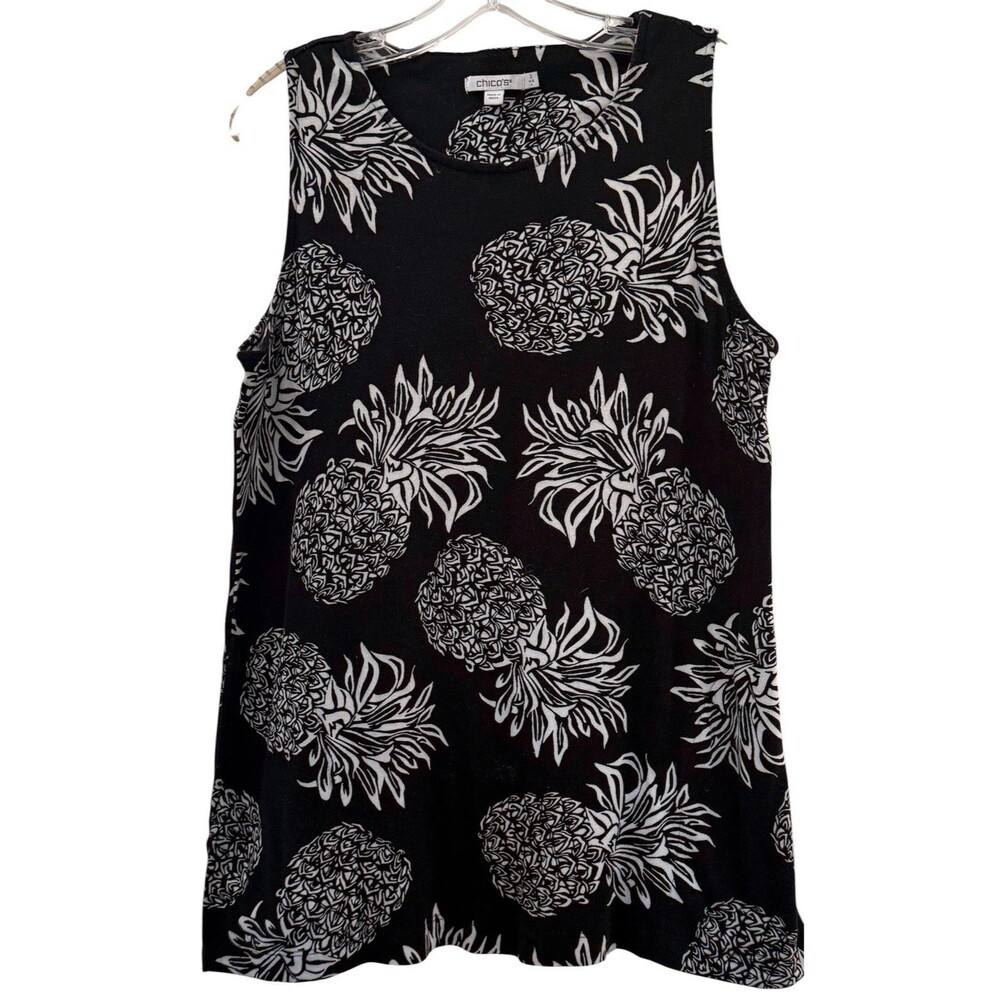 Chicos Tank Dress Size Large Black White Pineapple Floral Design Sleeveless Top